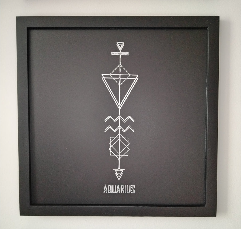 Aquarius Zodiac Symbol Wall Art – CNC Engraved Black Alloy in Wooden Frame