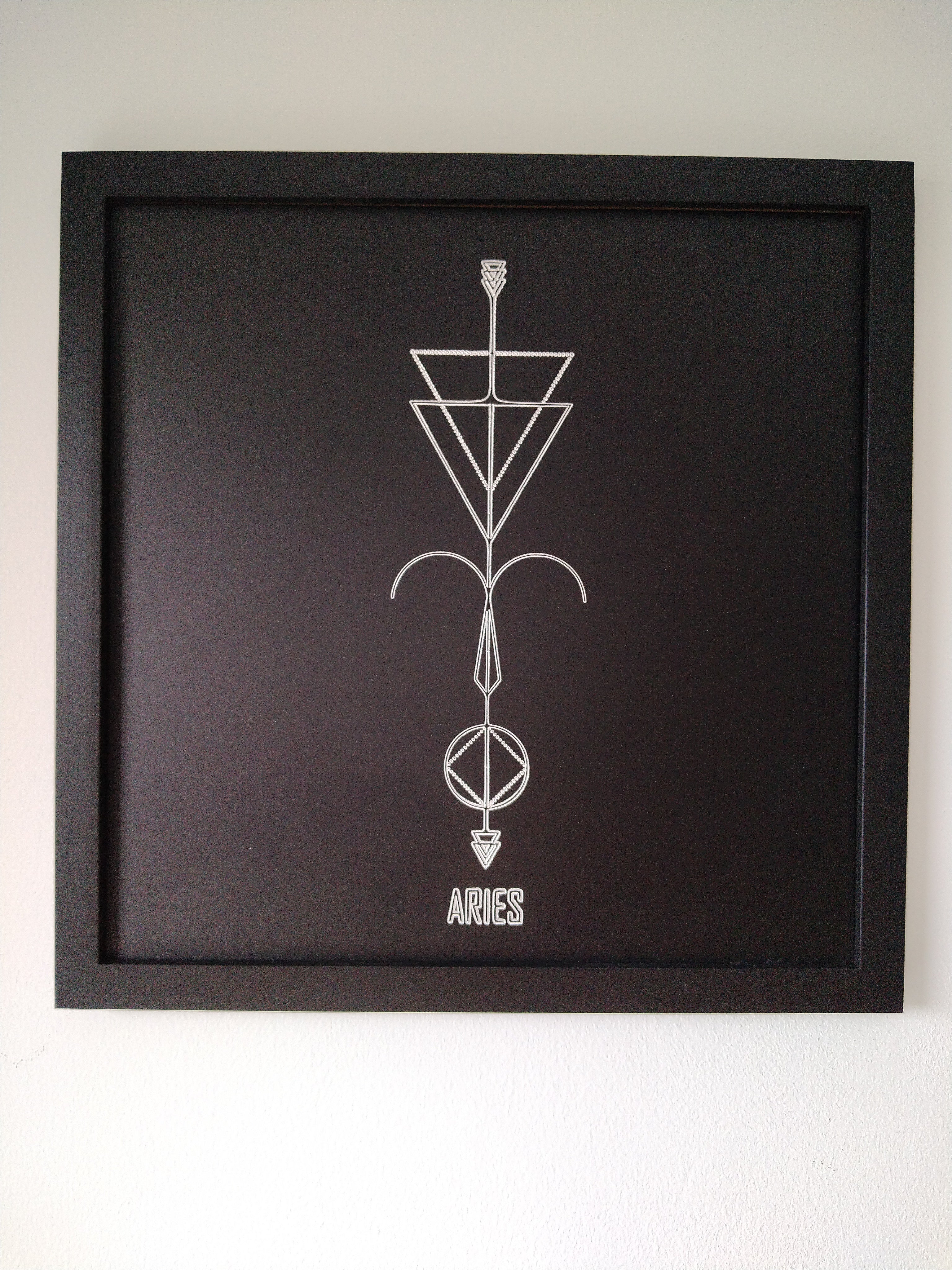 Aries Zodiac Symbol Wall Art – CNC Engraved Black Alloy in Wooden Frame