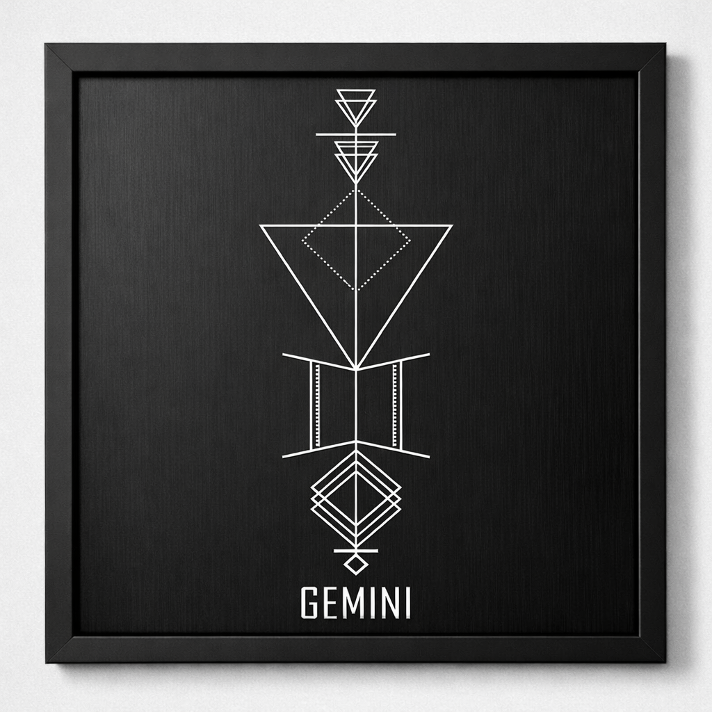 Gemini Zodiac Symbol Wall Art – CNC Engraved Black Alloy in Wooden Frame