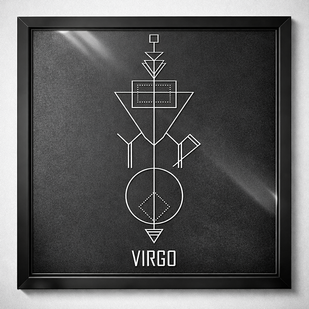 Virgo Zodiac Symbol Wall Art – CNC Engraved Black Alloy in Wooden Frame