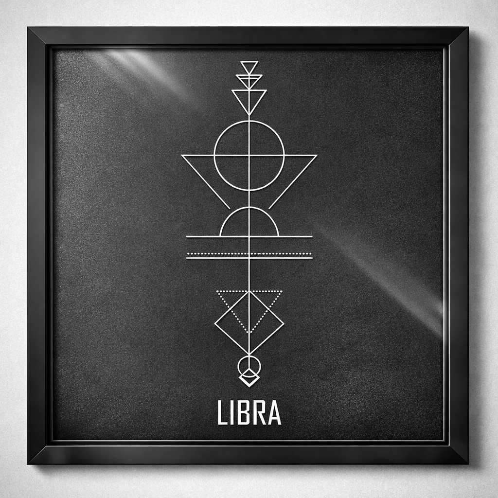 Libra Zodiac Symbol Wall Art – CNC Engraved Black Alloy in Wooden Frame