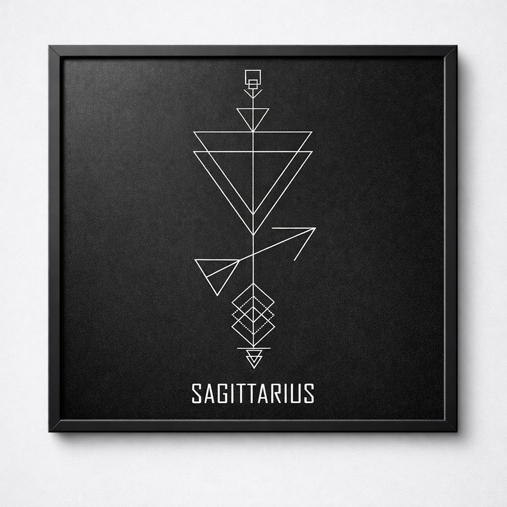 Sagittarius Zodiac Wall Art | Geometric Star Sign Framed Print | Black Engraved Astrology Gift | 12x12