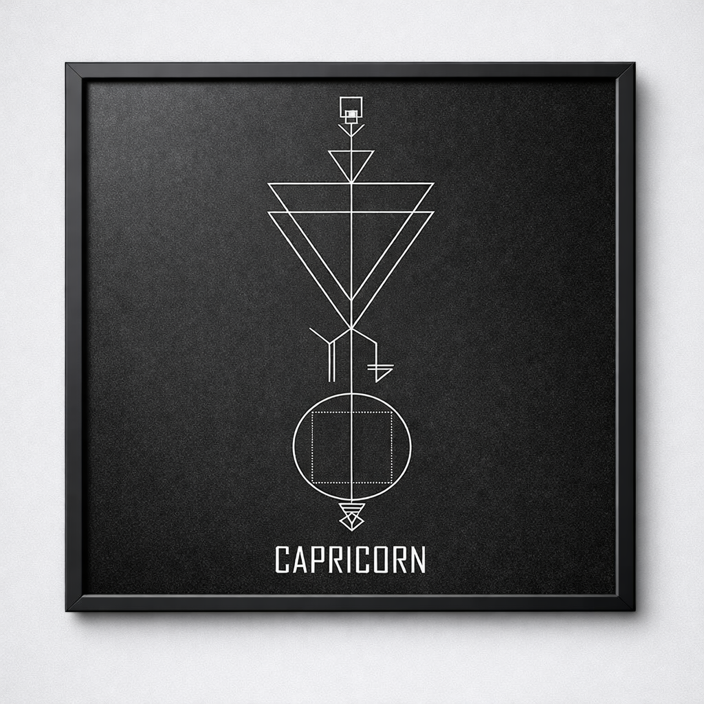 Capricorn Zodiac Wall Art | Geometric Star Sign Framed Print | Black Engraved Astrology Gift | 12x12