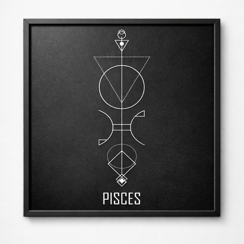 Pisces Zodiac Symbol Wall Art – CNC Engraved Black Alloy in Wooden Frame